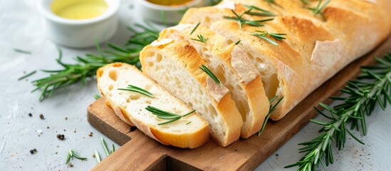 Freshly baked loaf of bread with a sprig of rosemary on a wooden cutting board