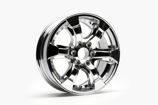 Close-up of a shiny chrome wheel on a clean white background. Ideal for automotive and industrial design projects