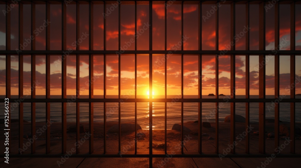Poster a dramatic image of the sun setting behind prison bars. perfect for illustrating confinement or just