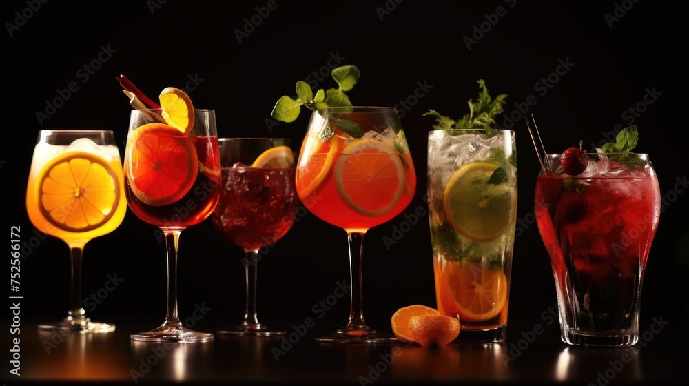 Poster row of glasses filled with different types of drinks. perfect for beverage concept designs