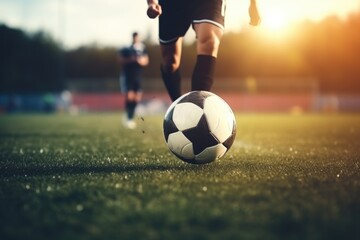 Fototapeta premium Soccer ball on field with sun in background, suitable for sports or outdoor activities