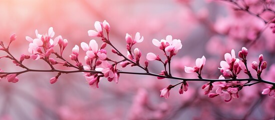 Obraz premium A close-up view of a branch with vibrant pink cercis flowers blooming, adding a pop of color to a fragrant spring garden.