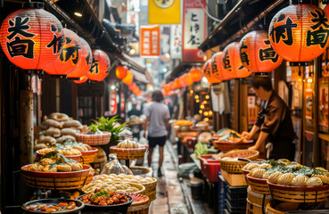 Bustling Japanese market with traditional lanterns and various local street foods on display, showcasing vibrant night life and culture.