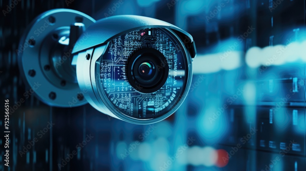 Poster close up of a camera mounted on a wall. perfect for security or surveillance concepts