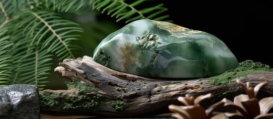 Natural green stone on top of rustic wooden log in peaceful forest environment