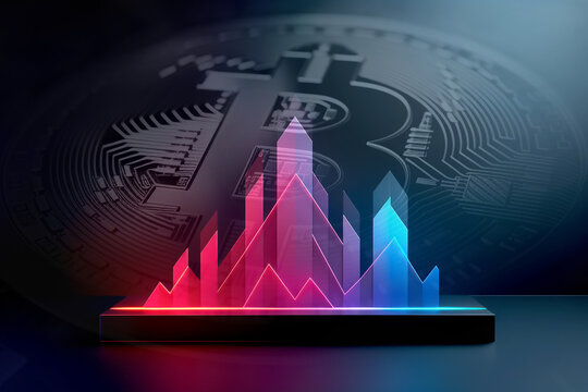 Cryptocurrency investing concept with purple graph. Bitcoin logo background.  Trading news. Cryptocurrency exchange. AI generation