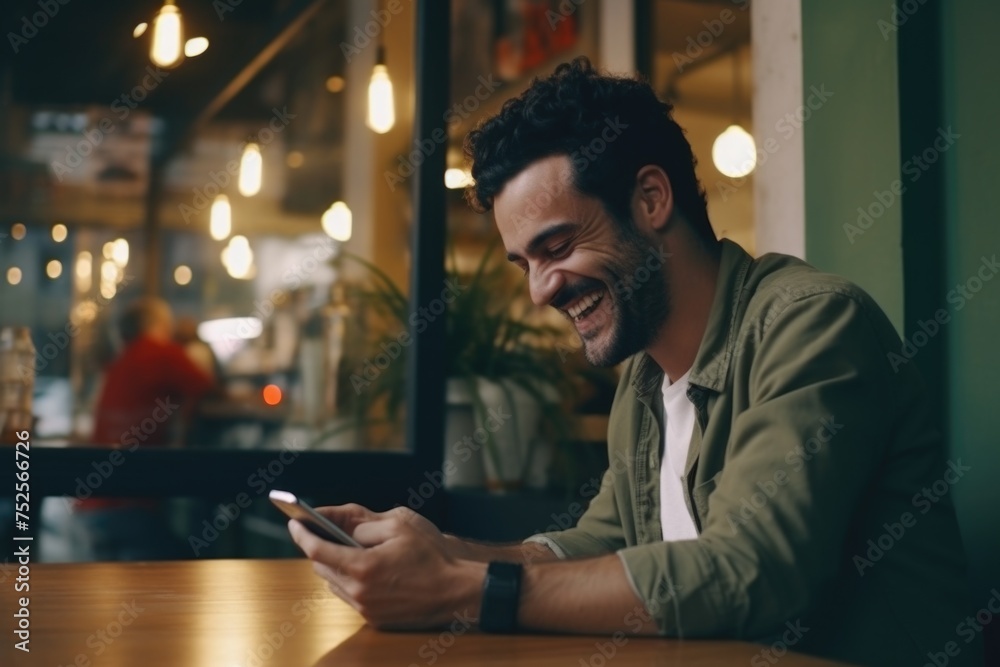 Aufkleber a man sitting at a table with a cell phone. ideal for business and technology concepts