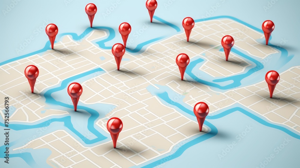 Poster a map with numerous pins marking locations, ideal for travel concepts