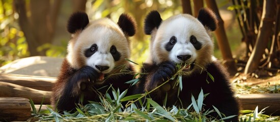 Adorable panda bears enjoying a meal of fresh bamboo leaves in captivity at a zoo