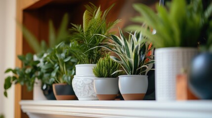 A row of potted plants displayed on a mantle. Suitable for home decor and interior design projects