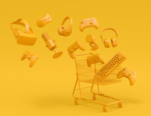 Flying gamer gears like mouse, keyboard, joystick, headset, VR on monochrome
