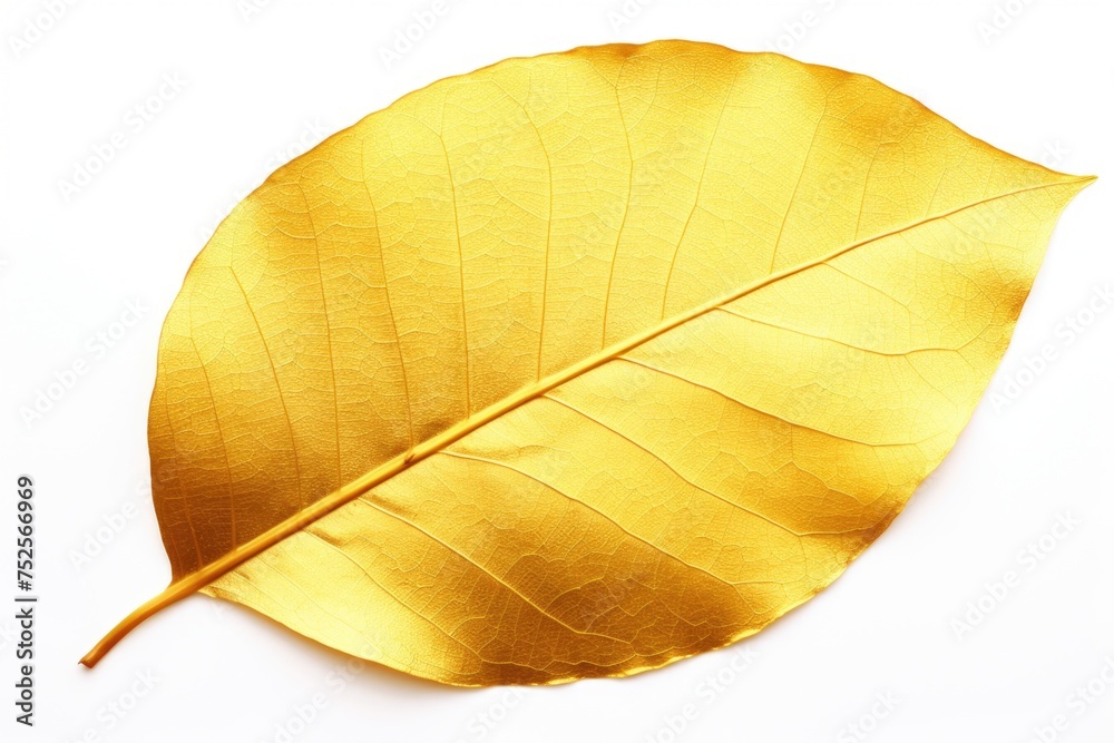 Poster a beautiful golden leaf resting on a clean white surface. perfect for nature or minimalistic concept