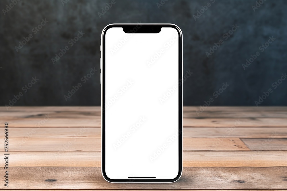 Poster modern cell phone resting on a rustic wooden table. perfect for technology or communication concepts
