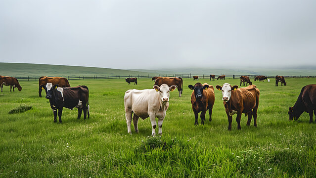 Cows on the green field, cloudy day.