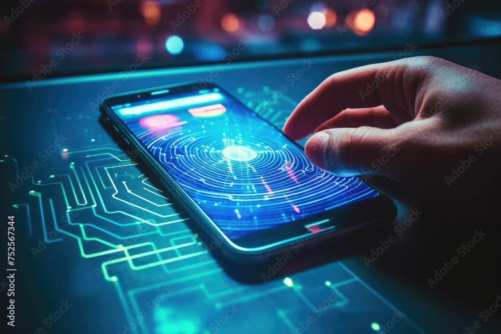 Poster a person holding a cell phone with a finger. suitable for technology concepts