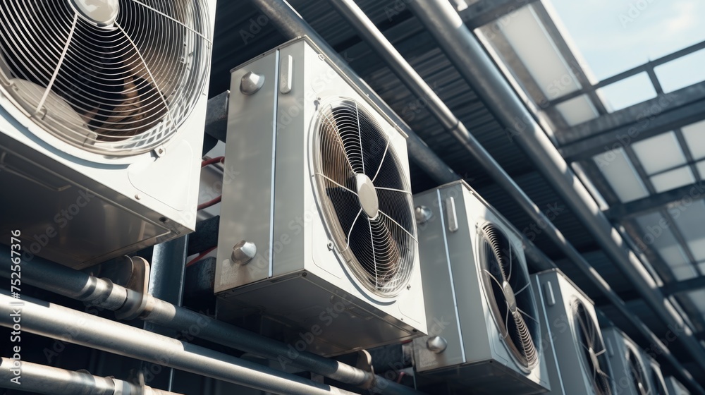 Poster image of a couple of air conditioning units in a building. suitable for illustrating hvac systems