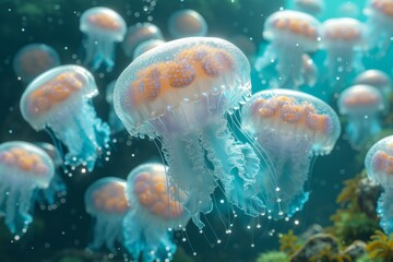 a large number of jellyfish swimming underwater