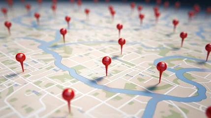 Foto op Plexiglas A map with pins pointing to a river. Ideal for travel and navigation concepts © Fotograf