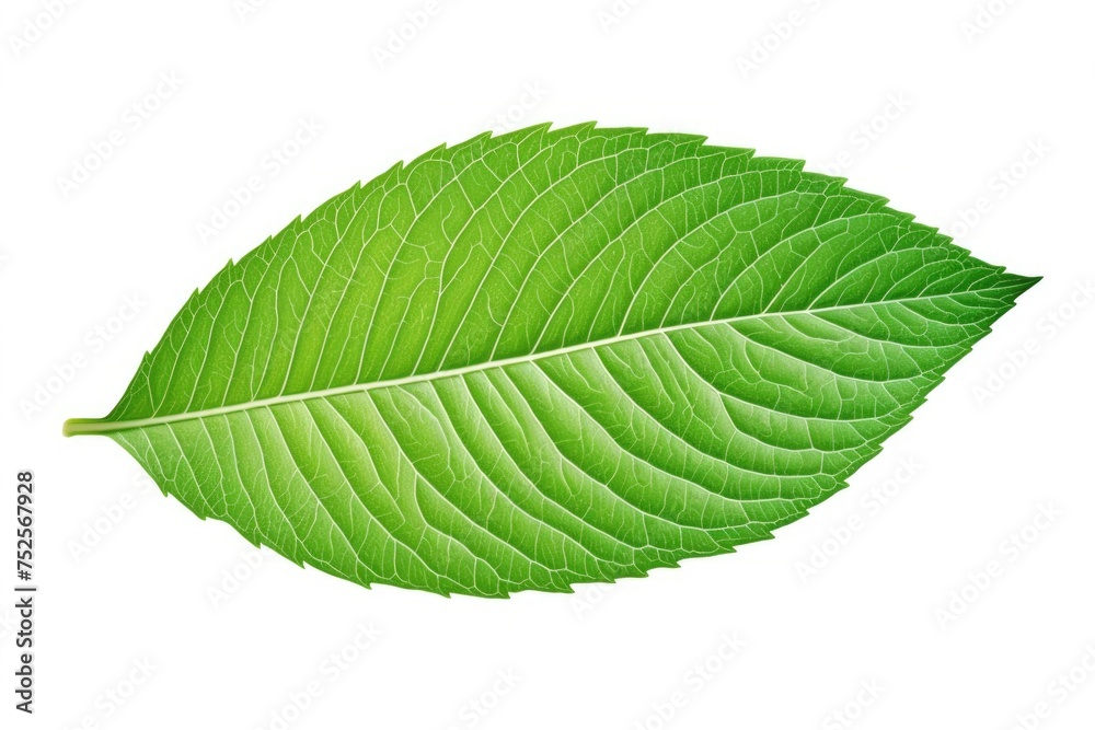 Poster close up of a green leaf on a white background. suitable for nature or environmental concepts