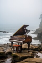 Piano on the seaside rocks on a misty morning with cliffs