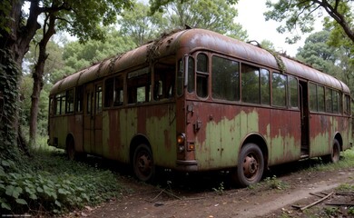 A rusty bus into the jungle. Abandoned place, vines everywhere.