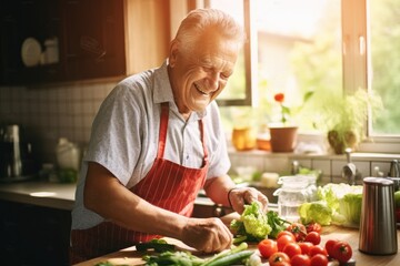 Elderly man cutting vegetables on a cutting board, suitable for cooking and healthy lifestyle concepts