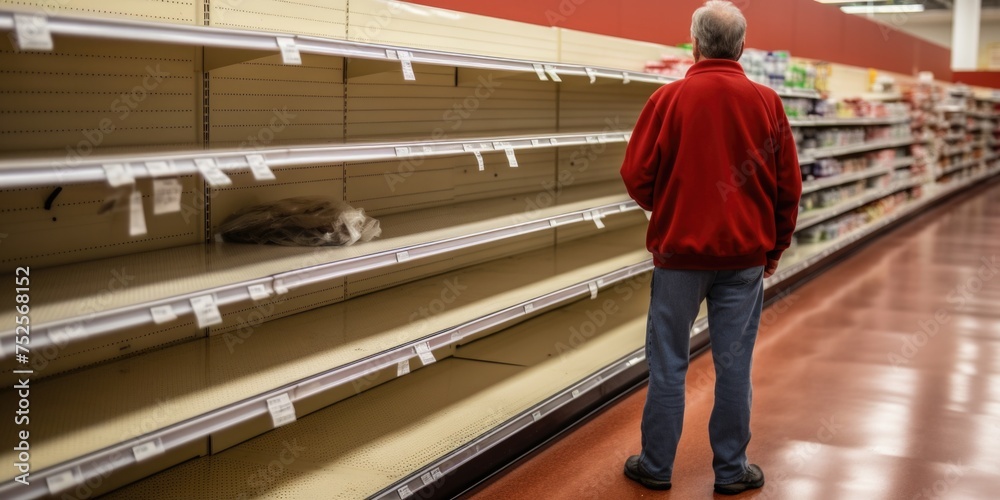 Poster a man is examining bare shelves in a store, suitable for retail concepts