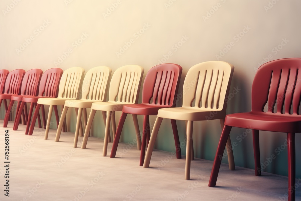 Poster a row of red and yellow chairs against a wall. suitable for interior design concepts