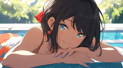 Delightful digital portraying a cute young girl in an anime/manga-inspired style. The artwork captures her posing like a model at the pool, adorned with a warm smile, created with generative A.I.