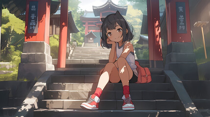 A cute young girl in an anime/manga-inspired style, sitting on the stairs at a torii shrine with a warm smile on her face. The artwork captures the joy of the moment, created with generative A.I.