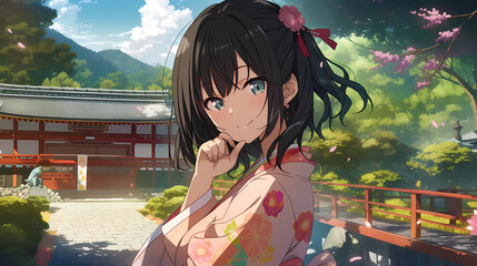 Delightful digital portraying a cute young girl in an anime/manga-inspired style. The artwork captures her posing in a Kimono in a garden, adorned with a warm smile, created with generative A.I.