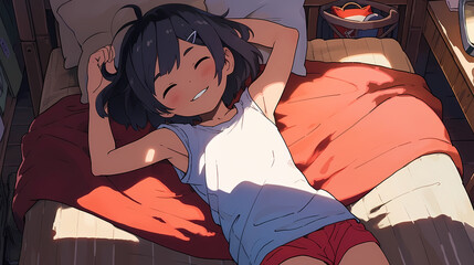 A cute young girl in an anime/manga-inspired style, laying on a bed and chilling or dreaming with a warm smile on her face. The artwork captures the joy of the moment, created with generative A.I.