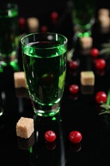 Absinthe in shot glass, cranberries and brown sugar on mirror table, closeup. Alcoholic drink