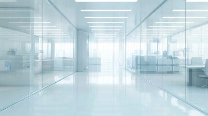 Obraz premium Widescreen photo of modern office interior. Open space workplace with glass walls, panoramic windows. Contemporary minimalist style meeting room design for business or startup company. Perfect