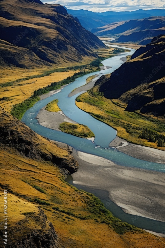 Poster scenic view of a river flowing through a mountain valley. suitable for nature and travel concepts