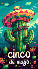 Cinco de Mayo design. Logo of a cartoon cactus wearing a mexican sombrero, with a fake moustache and sunglasses, festive cinco de mayo scene with maracas and papel picado around it. Generative AI