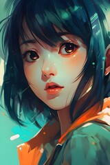 Digital portrait of a a shy and vulnerable young girl with dark hair, skillfully rendered in an anime/manga-inspired style. The artwork captures emotion and innocence, created with generative A.I.