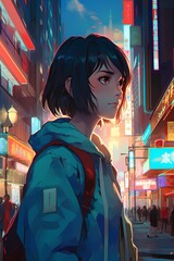 A digital portrait featuring a cool and cute young girl in an anime/manga-inspired style. With a focused gaze, she looks around in a neon city environment, created with generative A.I.