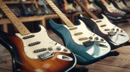 Stylish interior of contemporary guitar shop, luthier workshop with musical instruments, accessories. Professional guitar repair, setup service. Wide range of guitars, basses, amps for beginner to pro