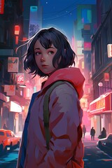 A digital portrait featuring a cool and cute young girl in an anime/manga-inspired style. With a shy gaze, she looks back over her shoulder in a neon city environment, created with generative A.I.