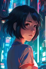 A digital portrait featuring a cool and cute young girl in an anime/manga-inspired style. With a stylish gaze, she looks back over her shoulder in a neon city environment, created with generative A.I.