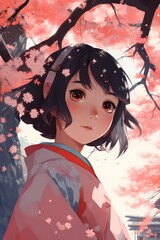 A digital portrait featuring a cute young girl in an anime/manga-inspired style. With an air of curiosity, she gazes around surrounded by cherry blossom trees, created with generative A.I. technology