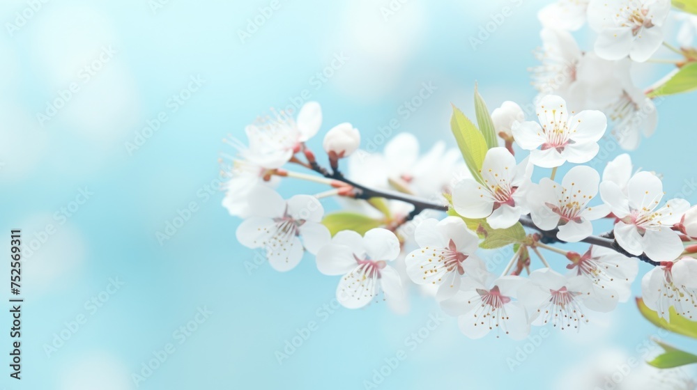 Poster close up of a tree branch with white flowers. perfect for nature and spring-themed designs
