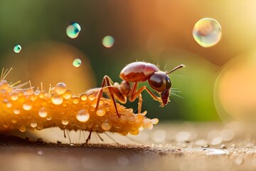 macro close up photography of forest ant, insect photography, blurred background, sun rays created with generative ai technology