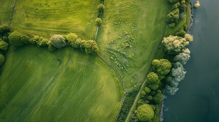 aerial view of a green field with trees and a river