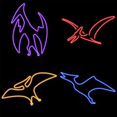 pterodactyl neon icon group, vector illustration on black background. © Oleh