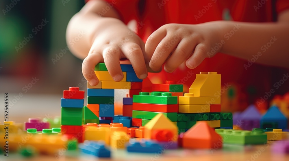 Poster A child playing with a pile of colorful building blocks. Perfect for educational and childcare concepts
