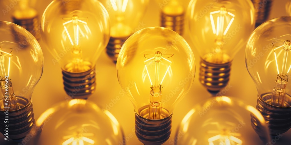 Poster group of light bulbs on a table, suitable for various concepts and ideas