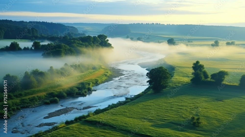 Poster scenic view of a river flowing through a vibrant green field. ideal for nature and landscape concept