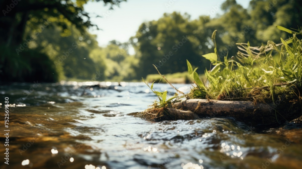 Poster a scenic view of a stream running through a lush green forest. suitable for nature and outdoor theme